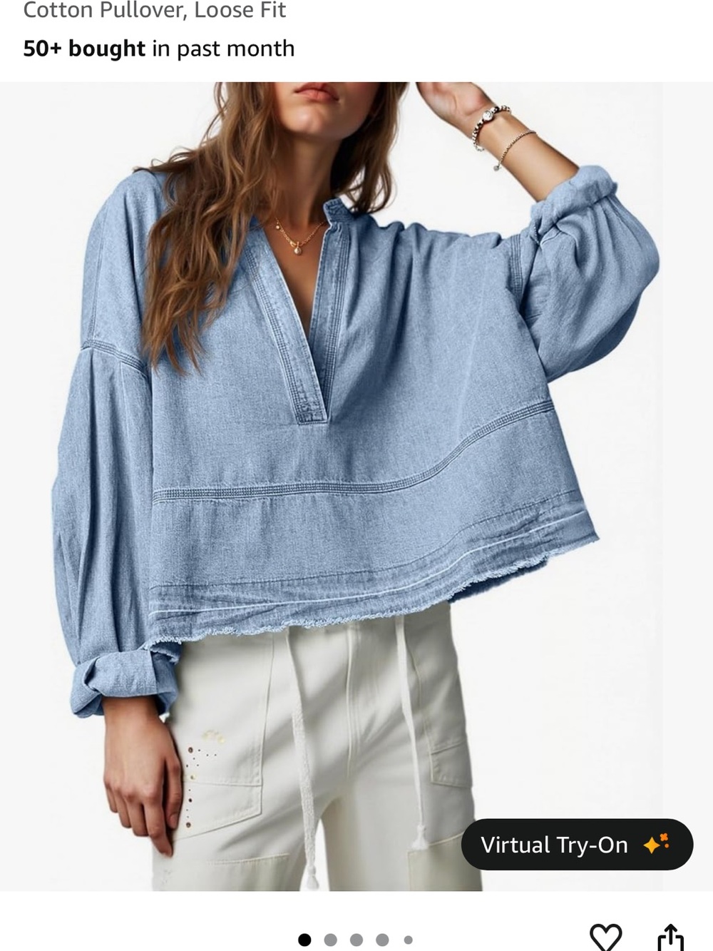 Relaxed Light Blue Denim Tunic Pullover - Women's Long Sleeve Size Large